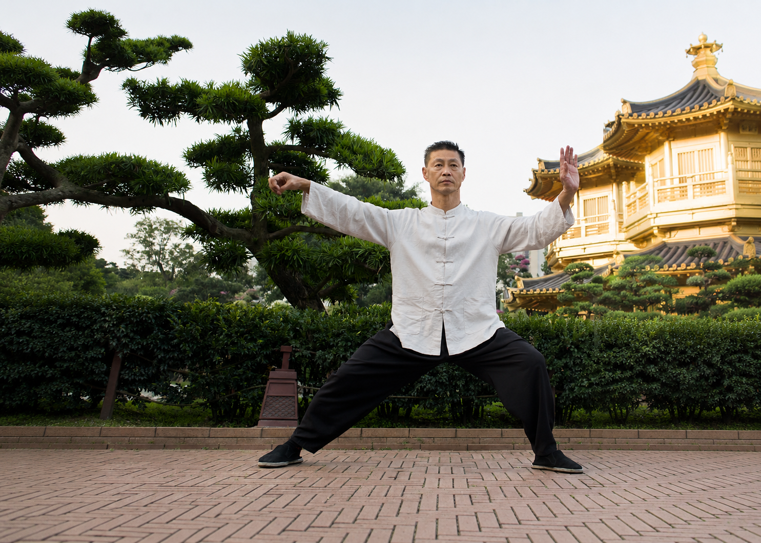 Pratiquants de Taïji Quan en groupe dans un parc arboré